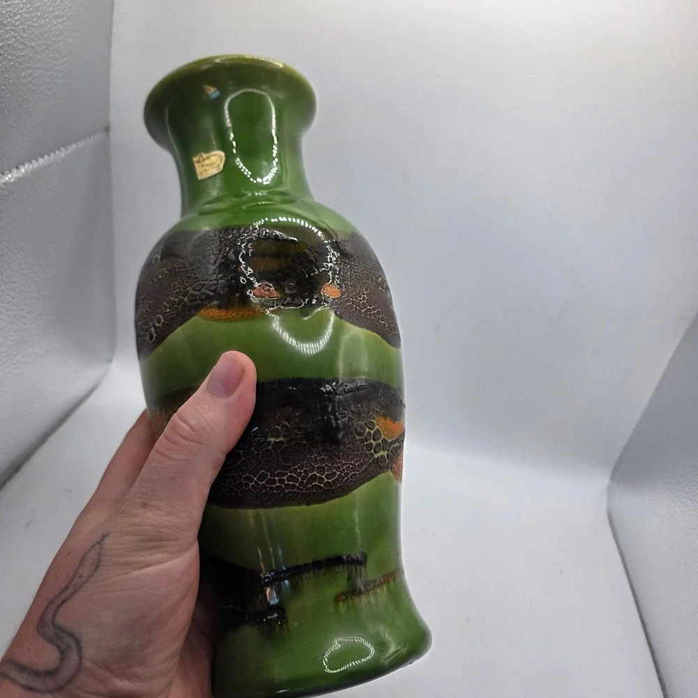 Vintage Haeger Pottery Vase Green Brown Orange Textured Glaze MCM Art Pottery